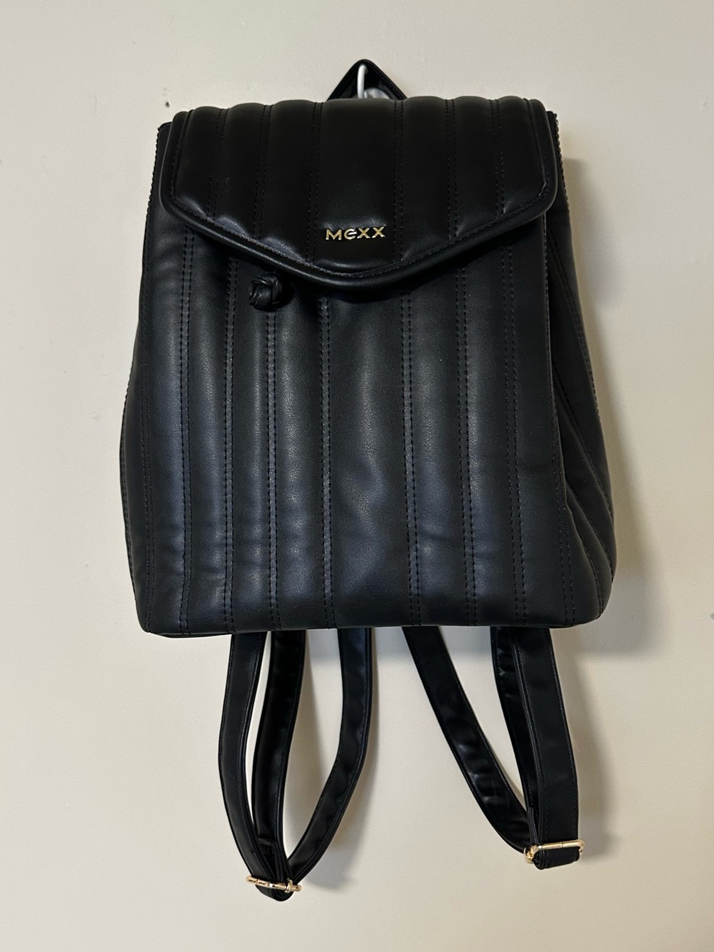 Mexx Black Quilted Faux-Leather Backpack with Gold Logo